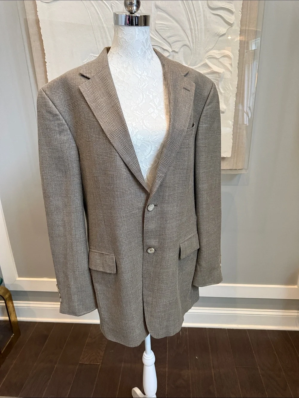 Vintage Oscar de la Renta Glen Plaid Sport Coat Blazer 42L Tan Brown 90s